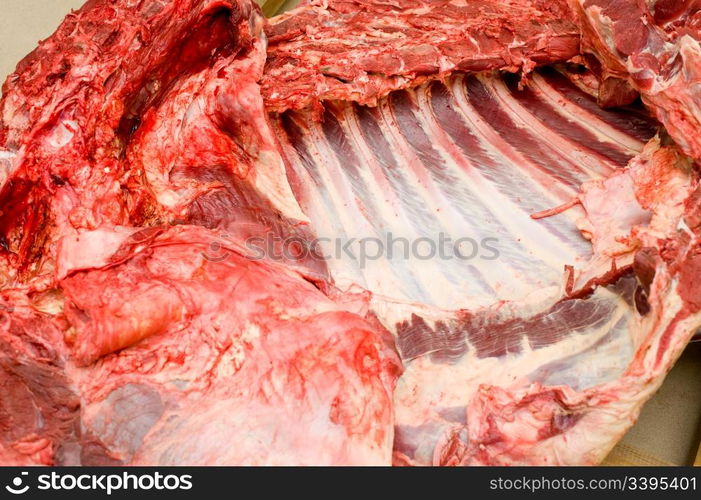 part of cut fresh beef carcass with ribs