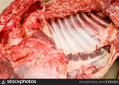 part of cut fresh beef carcass with ribs