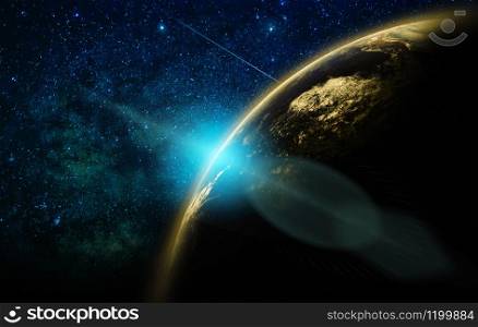 Part of earth with sun rise and lens flare over the Milky Way background, Internet Network concept, Elements of this image furnished by NASA