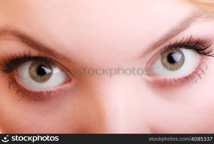 Part of face female eyes wide open. Blonde emotional girl wide eyed