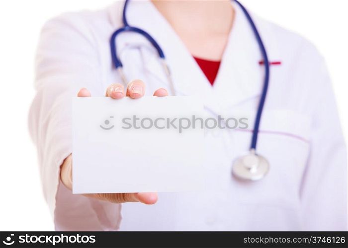 Part of female body in white lab coat. Doctor or nurse with stethoscope holding blank copy space card isolated. Medical person for health insurance.
