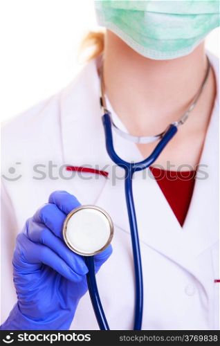 Part of female body in white lab coat. Doctor or nurse in face mask with stethoscope isolated. Medical person for health insurance.