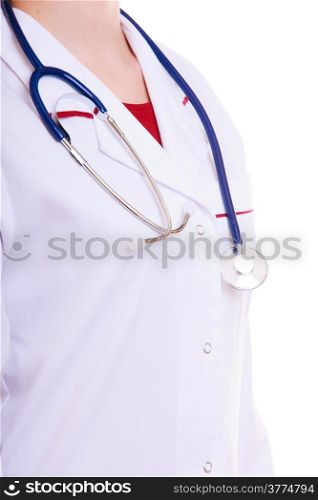Part of female body in white lab coat. Doctor or nurse with stethoscope isolated. Medical person for health insurance.