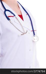 Part of female body in white lab coat. Doctor or nurse with stethoscope isolated. Medical person for health insurance.