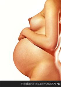 part of naked pregnant woman, body on white background