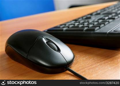 part of personal computer, selective focus on part of black PC mouse