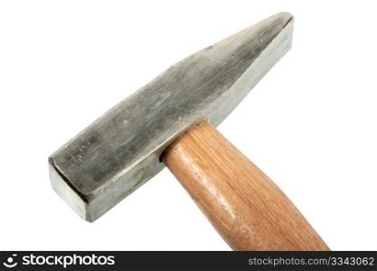 Part of single metal hammer. New condition. Close-up. Isolated on white background.