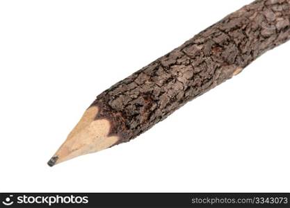 Part of single wood pencil. Close-up. Isolated on white background.