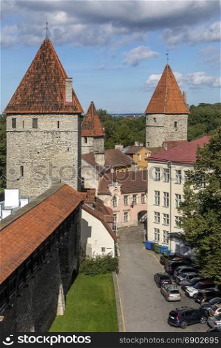 Part of the medieval city wall in the Old Town of Tallinn in Estonia.