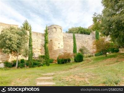 Part of the old medieval ramparts around Girona.. Girona. The fortress wall.