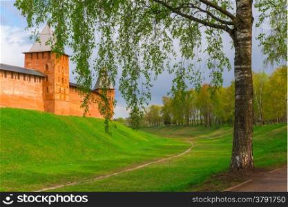 part of the walls of the Kremlin in Veliky Novgorod with tower