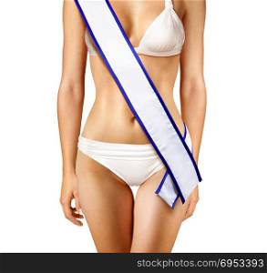 part of woman with white beauty contest tape isolated on white