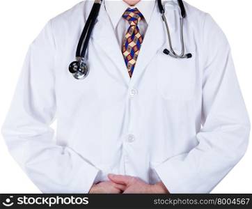Partial front view of doctor with white jacket and stethoscope on white background.