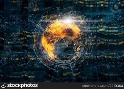 particle earth with technology network circle over cityscape background, technology and innovation concept