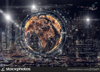 particle earth with technology network circle over the photo blurred of cityscape background, technology and innovation, futuristic and cloud computing, internet of thing and 3d rendering concept