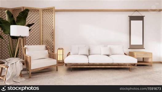 partition japanese on room tropical interior with tatami mat floor and white wall.3D rendering