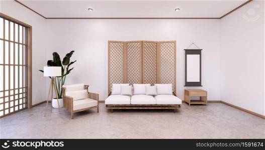 partition japanese on room tropical interior with tatami mat floor and white wall.3D rendering