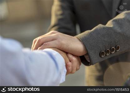 Partner Business Trust Teamwork Partnership. Industry contractor fist bump dealing mission business. Mission team meeting group of People Fist bump Hands together. Business trust teamwork Concept