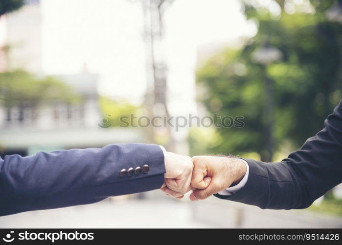 Partner Business Trust Teamwork Partnership. Industry contractor fist bump dealing mission business. Mission team meeting group of People Fist bump Hands together. Business trust teamwork Concept