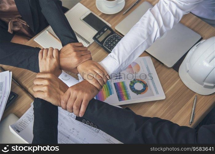 Partners hands together teamwork group of business people meeting in firm company office. Diversity Hands join empower partnership teams connection community. Success Mergers acquisitions partnership