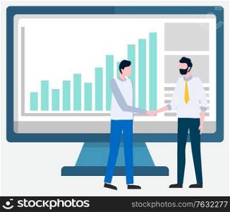 Partners handshake, man wearing formal clothes on consulting conference. Worker with computer and info in infocharts. Managers discussing information. New team. Vector illustration in flat style. Computer with Stats and Data, Partners Meeting