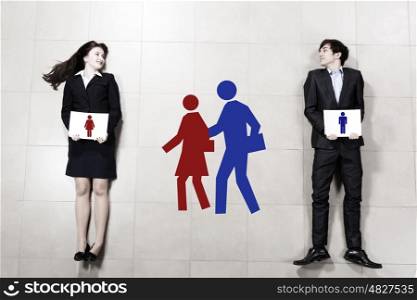 Partnership in business. Businessman and businesswoman holding banners. Partnership concept
