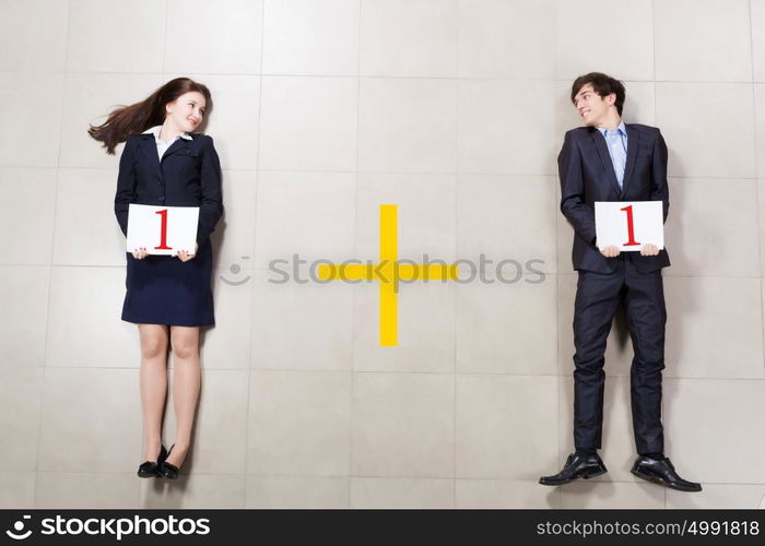 Partnership in business. Businessman and businesswoman holding banners. Partnership concept