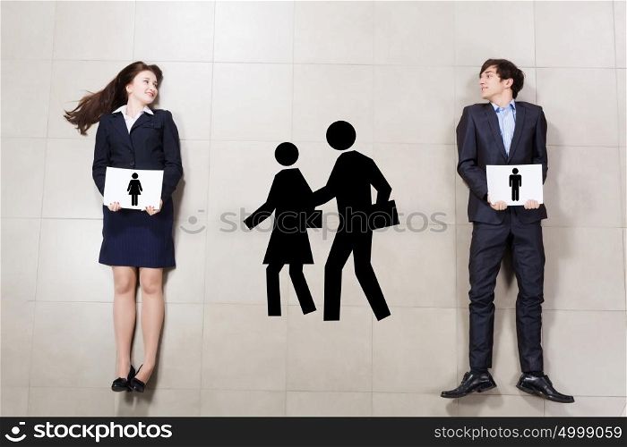 Partnership in business. Businessman and businesswoman holding banners. Partnership concept