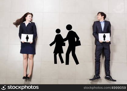 Partnership in business. Businessman and businesswoman holding banners. Partnership concept