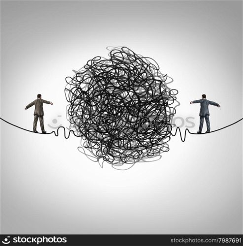 Partnership problem and business confrontation concept as two business people walking on a high wire tightrope with a tangled group of wire obstacle dividing the businessmen as a crisis metaphor for professional relationship stress.