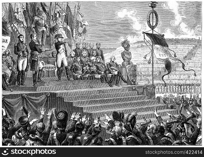Party at the camp of Boulogne, vintage engraved illustration. History of France ? 1885.