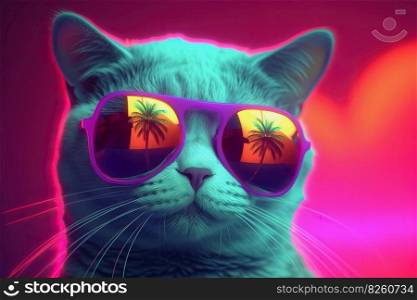 Party cat in sunglasses on colorful background. Pop art style in neon colors. Generative AI. Cat in sunglasses, neon background. Pop art style portrait. Generative AI