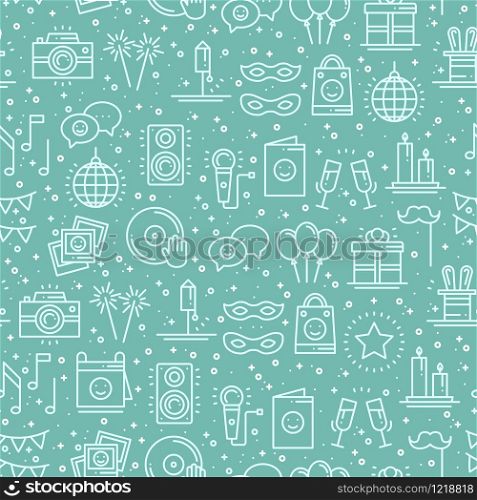 Party celebration seamless pattern. Birthday, holidays, event, carnival festive. Party decor elements thin icons. Vector illustration. Line background. Texture. Mask gifts cake cocktail firework. Party celebration seamless pattern. Birthday, holidays, event, carnival festive. Party decor elements thin icons. Funny vector illustration. Line background. Texture. Mask gifts cake cocktail firework