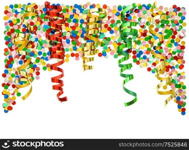 Party decoration. Confetti and colorful streamer over white background