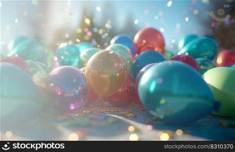 Party decoration, various colorful balloons flying in the blue sky, Holiday card Flat lay Top view Happy Birthday, outdoor, party concept©space Festive. Party decoration, various colorful balloons flying in the blue sky, Holiday card Flat lay Top view Happy Birthday, outdoor, party concept©space