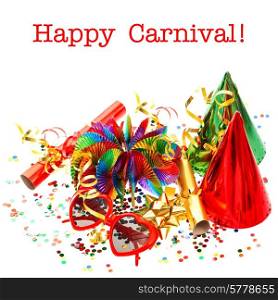 party decorations garlands, confetti, streamer, cracker, glasses. festive background with sample text Happy Carnival!