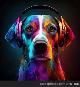 Party dog in headphones listening music on black background. Pop art style with paint splashes in neon colors. Generative AI. Cool neon party dog in headphones on black background. Generative AI