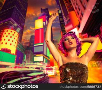 Party girl pink wig dancing in Times Square of New York Photomount