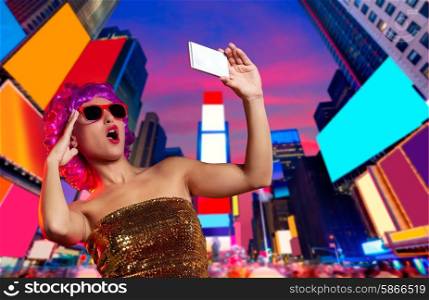 Party girl pink wig selfie photo in Times Square of New York Photomount