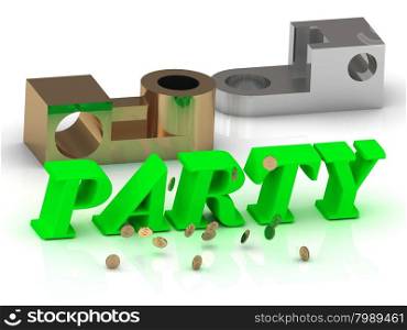 PARTY- inscription of green letters and silver details on white background