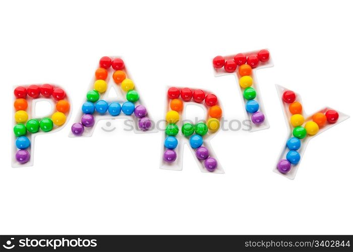 Party letter trays filled with a rainbow of colorful bubble gum. Shot on white background.