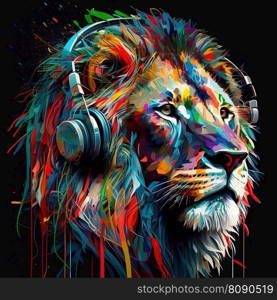 Party lion in headphones listening music on black background. Pop art style with paint splashes in neon colors. Generative AI. Cool neon party lion in headphones on black background. Generative AI