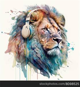 Party lion in headphones listening music on white background. Pop art style with colorful paint splashes. Generative AI. Cool colorful party lion in headphones on white background. Generative AI