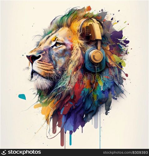 Party lion in headphones listening music on white background. Pop art style with paint splashes in neon colors. Generative AI. Cool party lion in headphones on white background. Generative AI