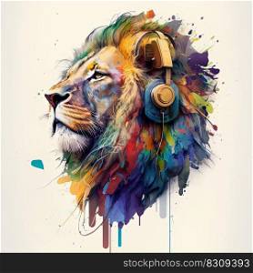 Party lion in headphones listening music on white background. Pop art style with paint splashes in neon colors. Generative AI. Cool party lion in headphones on white background. Generative AI
