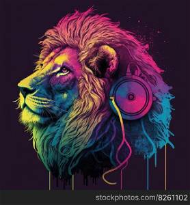 Party lion in headphones listening music. Pop art style in neon colors. Generative AI. Not based on any actual scene. Cool neon party lion in headphones. Generative AI Not based on any actual scene