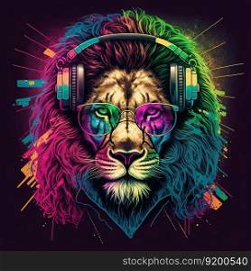 Party lion in sunglasses and headphones listening music. Pop art style in neon colors. Generative AI. Cool neon party lion in headphones and sunglasses. Generative AI