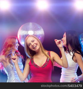 party, new year, celebration, friends, bachelorette party, birthday concept - three beautiful woman in evening dresses dancing in the club