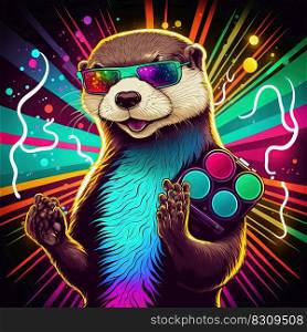 Party otter in sunglasses dancing. Pop art style in neon colors. Generative AI. Party otter dancing. Pop art style. Generative AI
