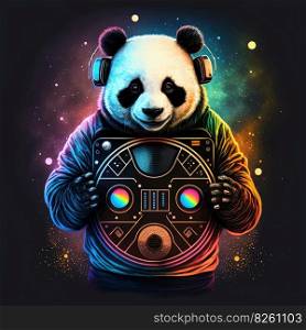 Party panda in headphones with boombox listening music. Generative AI. Party panda in headphones, listening music. Generative AI